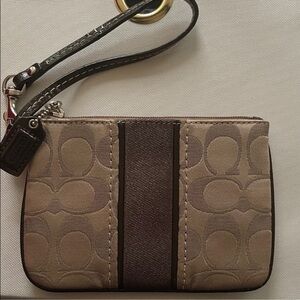 Coach Signature Canvas Stripe Tan and Brown Signature Wristlet 6”L x 4”H